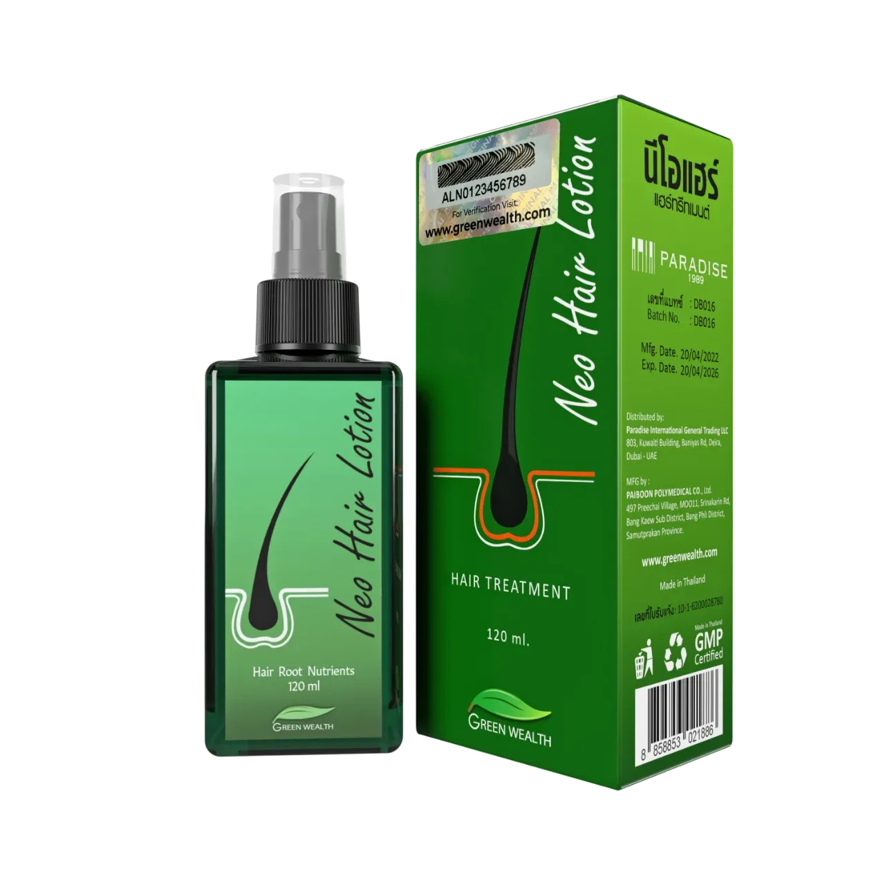Neo Hair Lotion bottle photographed beside its outer box showing the batch and authenticity panel
