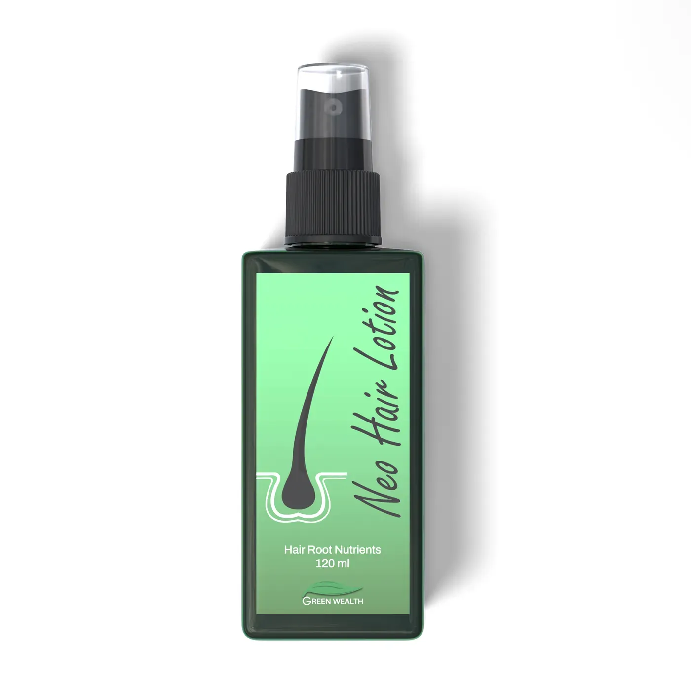 Green Wealth Neo Hair Lotion 120 ml spray bottle, front view on a pale studio background
