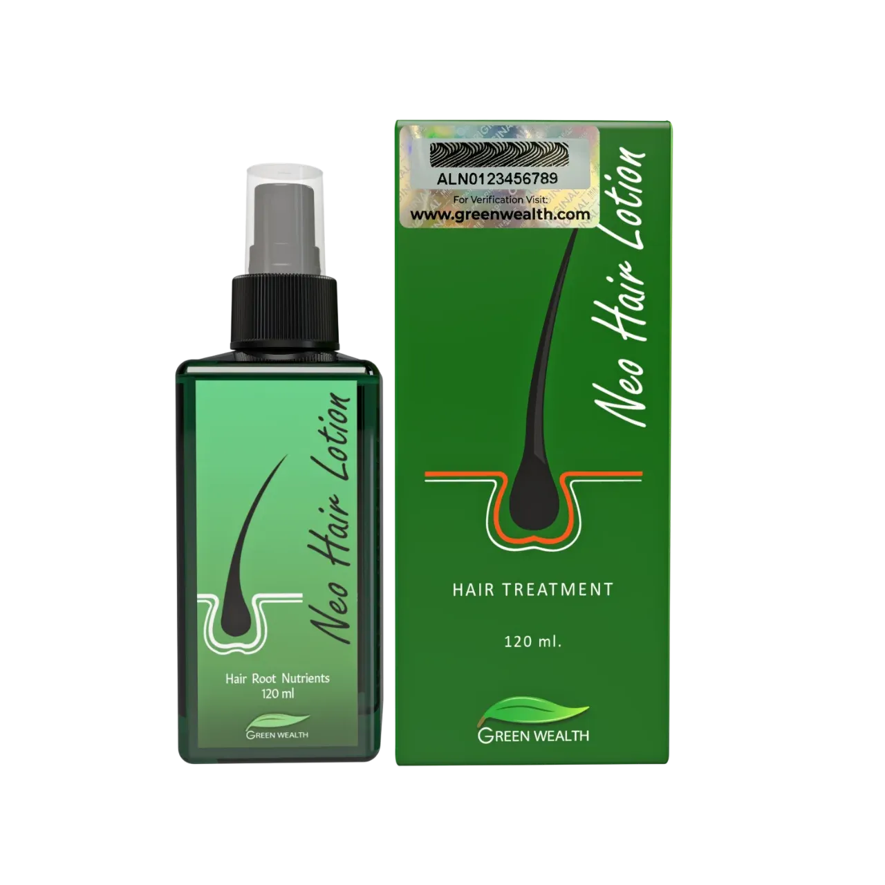 Neo Hair Lotion 120 ml spray bottle in its green Green Wealth carton, front view