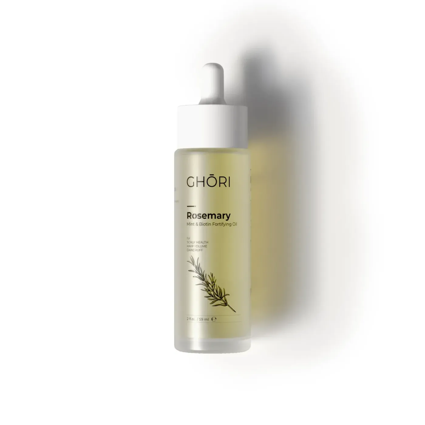 Ghori® Rosemary Mint & Biotin Fortifying Oil 59 ml frosted glass dropper bottle on a white background
