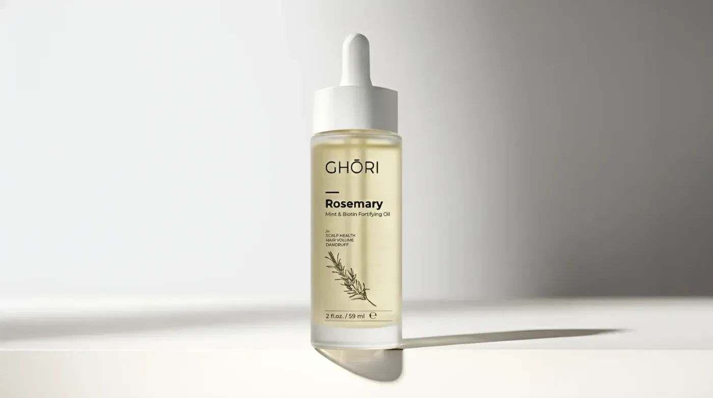 Ghori® Rosemary Mint & Biotin Oil bottle lit from the side, casting a long shadow on a soft studio ledge