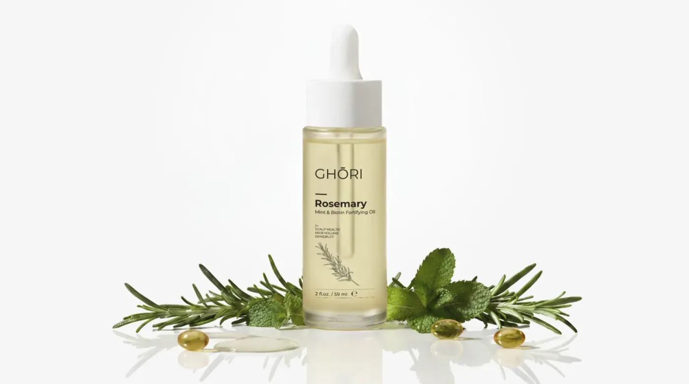 Ghori® Rosemary Mint & Biotin Oil bottle surrounded by fresh rosemary sprigs, mint leaves and golden biotin capsules
