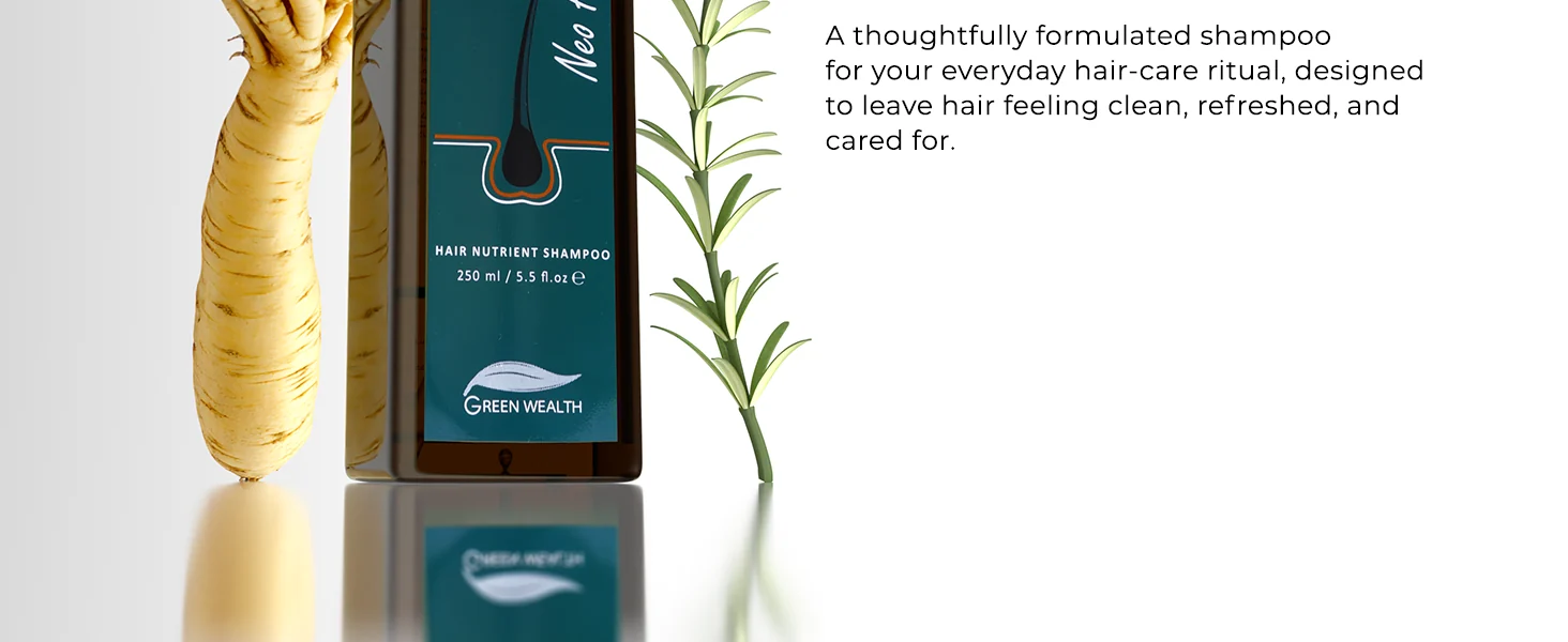 Neo Hair Shampoo bottle beside ginseng root and rosemary sprigs on a light backdrop