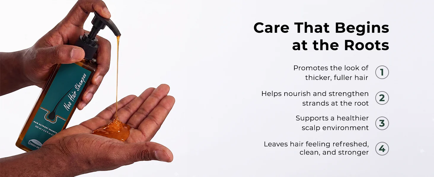 Amber shampoo poured into a palm — care that begins at the roots