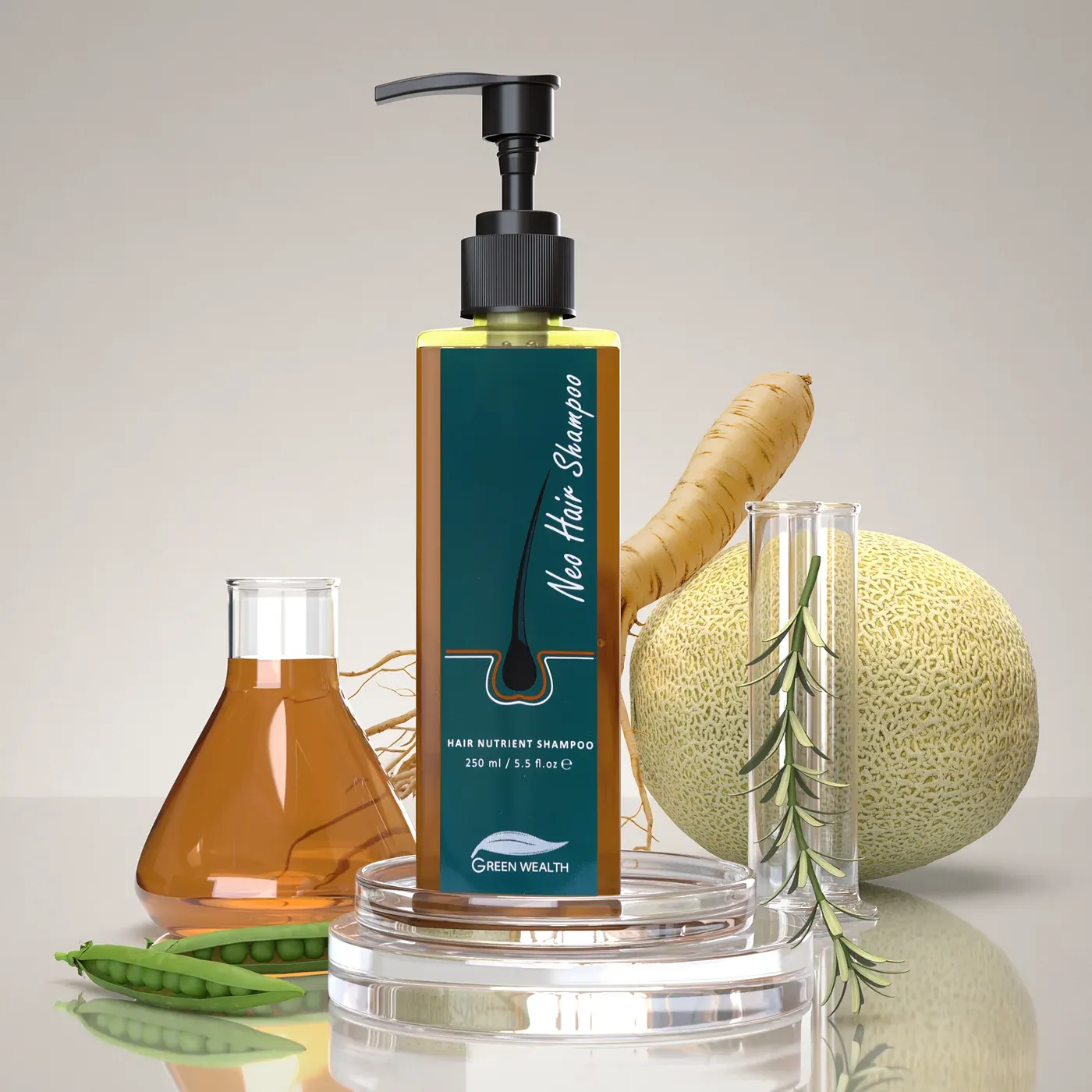 Neo Hair Shampoo bottle on a bathroom shelf as part of the daily Green Wealth routine